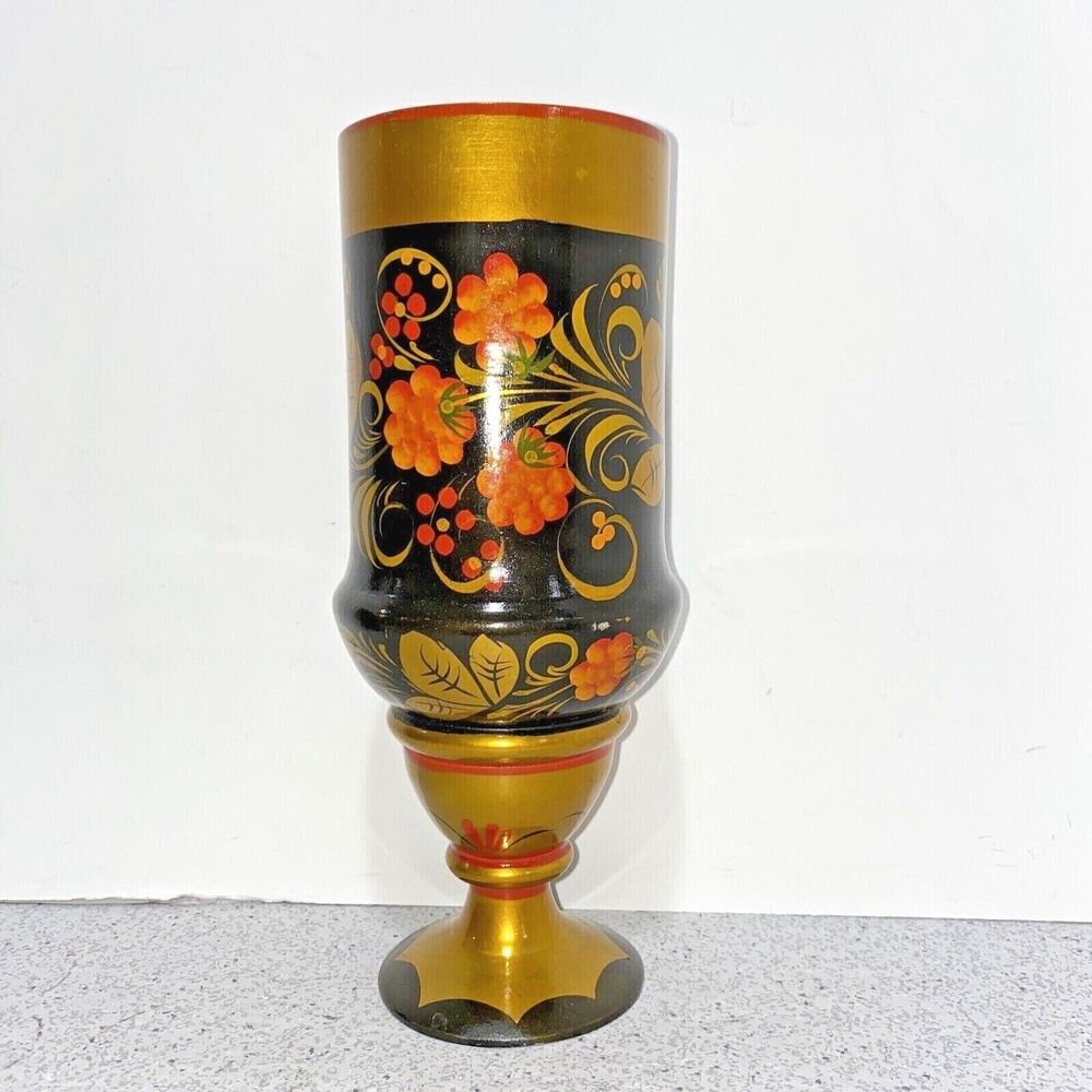 Vintage black lacquerware pedestal vase golden & red floral motif cylinder shape